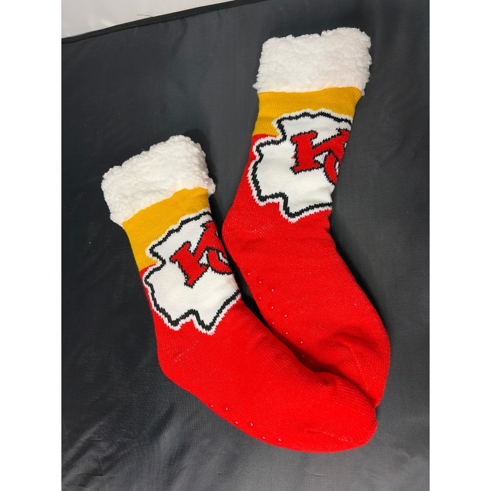Kansas City Chiefs Slipper Socks Red Yellow White Faux Shearling Lined Non-Slip